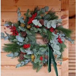 Wieniec świąteczny na drzwi naturalny Sosna Wejmutka, Nobilis i Eukaliptus